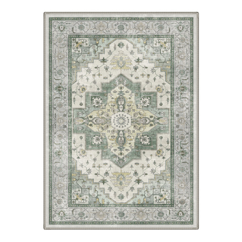 Aurelia Vintage Floral Machine Washable Green / Beige Indoor Area Rug with Non-Slip Backing, Rectangle 6' x 9'