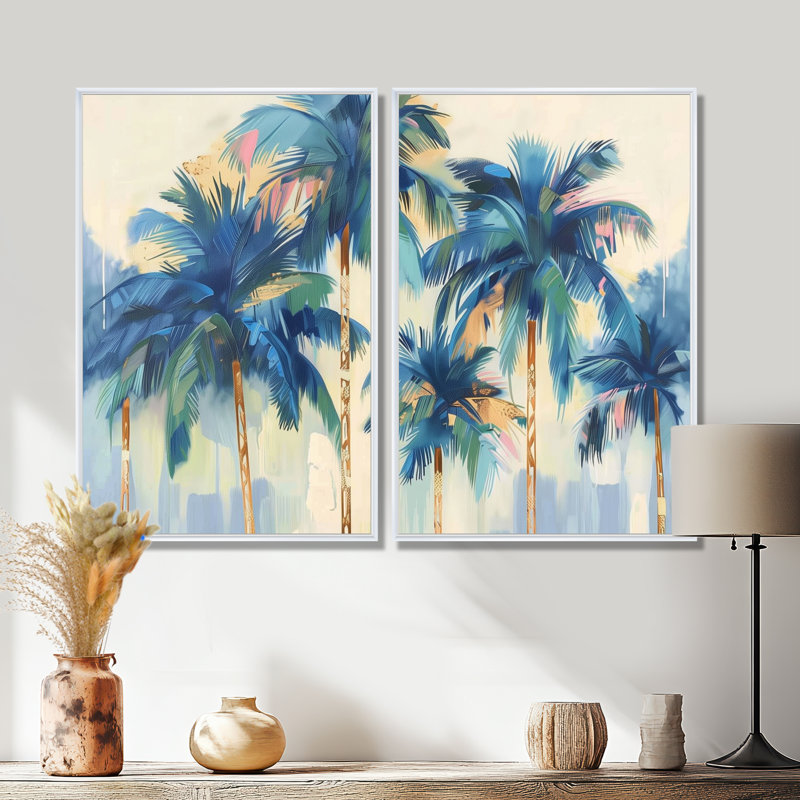 «Blue and Gold Palm Tree Forest I», art mural sur toile bleue 2 pièces, H 36 po x l 48 po, Impression encadrée flottante