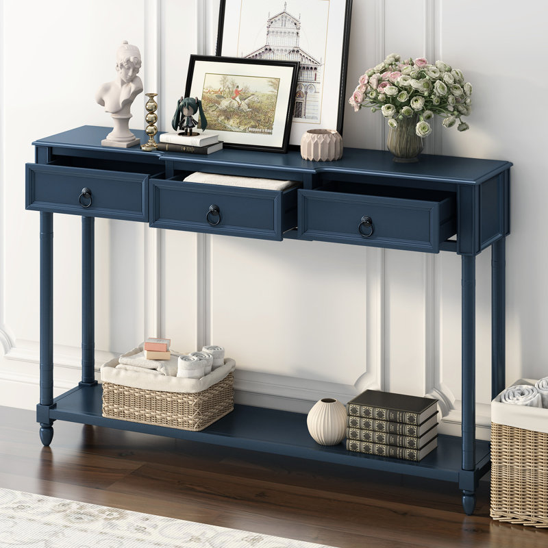 Console antique bleu marine avec tiroirs et tablette fonctionnelle inférieure rectangulaire, couleur bleue