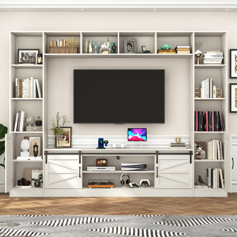 Entertainment Center/TV Stand For Tvs Up To 80" With Charging Station, Sliding Barn Door Cabinets, And Bookcase, White