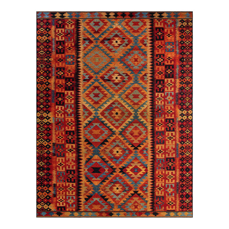 Lidio Southwestern Machine Made Power Loom Polypropylene Indoor / Outdoor Area Rug in Red/Yellow/Blue, Rectangle 3'3" x 5'3"