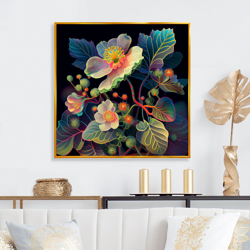 «Diphylleia Grayi» en fleurs fluorescentes - art mural floral, H 16 po x l 16 po x P 1 po, Cadre flottant doré