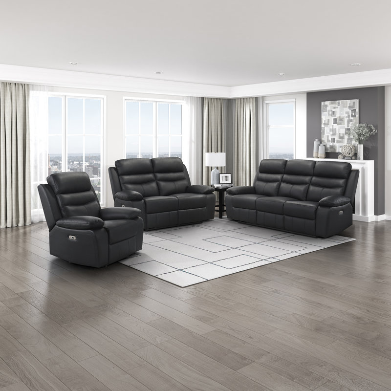 Hyler Modern & Contemporary Power Reclining: 3-Piece Living Room Set with Top Grain Leather Seating Surfaces, One-Touch Power Reclining & Integrated USB Charging Ports