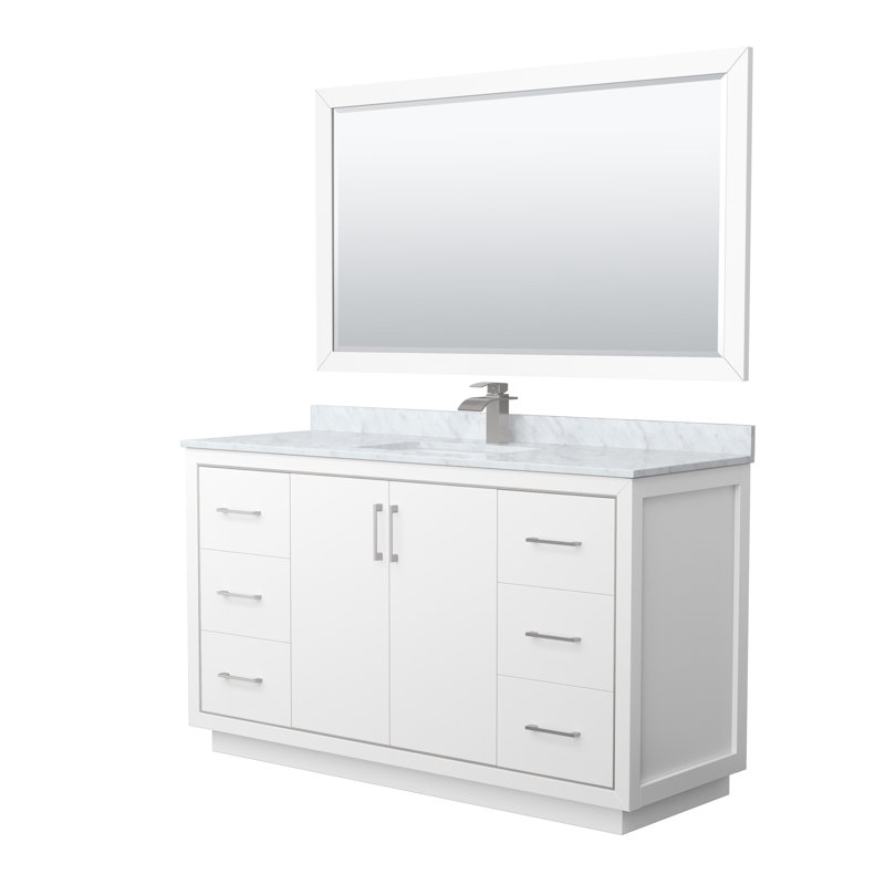 Icon 60" Single Bathroom Vanity Set with Mirror, White, Brushed Nickel
