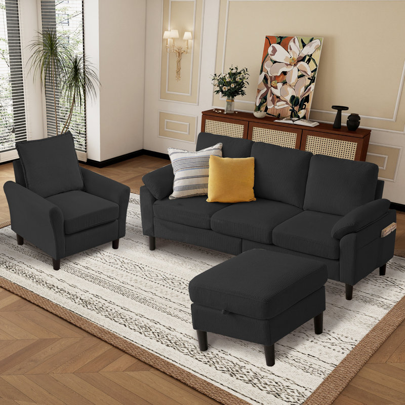 Juliani  Corduroy 3 Piece Living Room Set, Noir