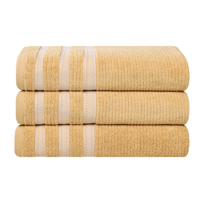 Emiliah Zero Twist Cotton Ribbed Modern Geometric Border Plush Soft Highly-Absorbent Bath Towel Set, Gold