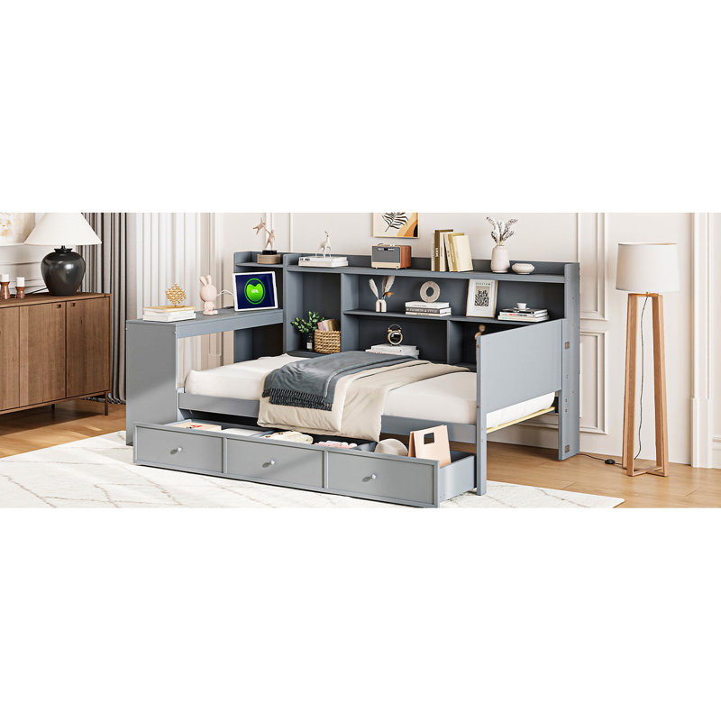 Gray Twin Size Daybed With Construction Feature, 3 Drawers & Desk Wooden In Drawer Storages, And Port - Strong Pine Structure For Bedroom Utility