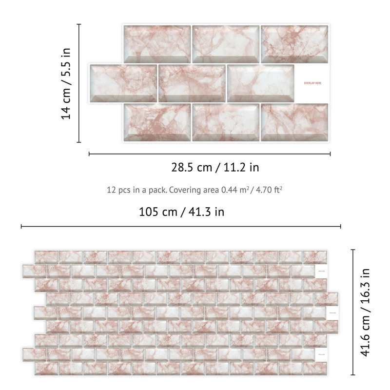 Lowall Rose Marble Subway Brick Tile Sticker 15.4cm x 30.5cm PVC