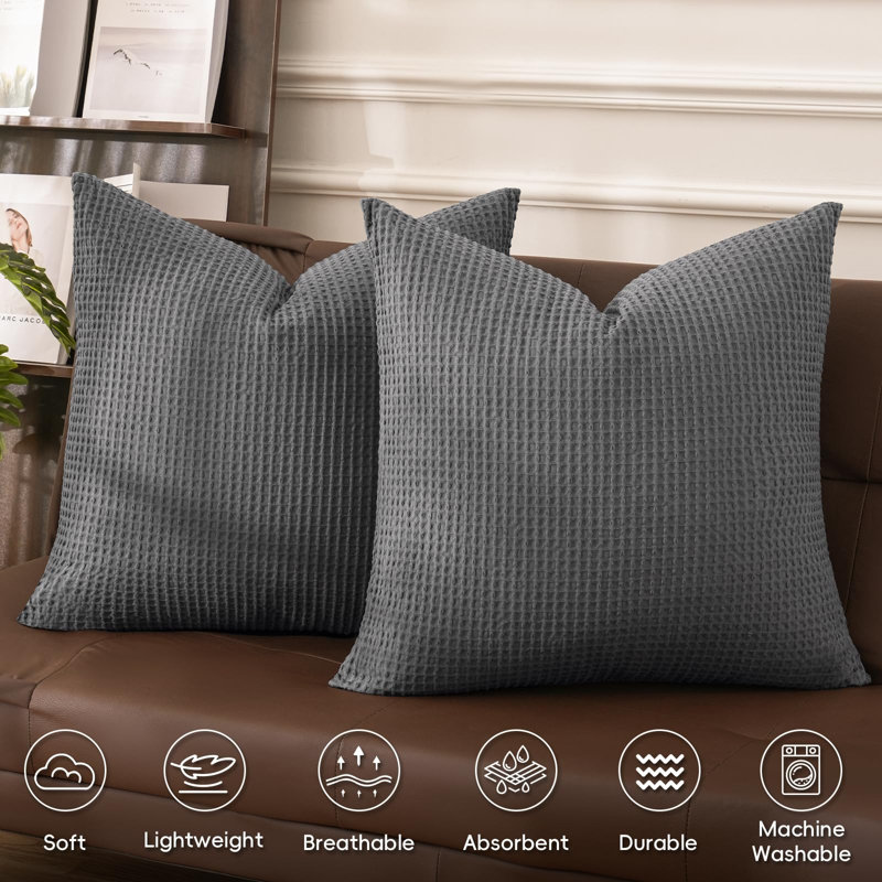 PHF 100% Cotton Waffle Weave Euro Shams, 2 Pack Elegant Home Decorative Euro Throw Pillow Covers for Bed Couch Sofa, 26x26"