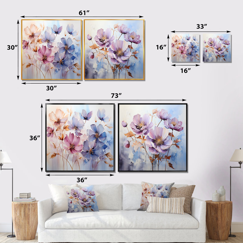 Mauve Botanical Serenade - Ensemble de 2 collages carrés botaniques abstraits, Cadre flottant noir, H 16 po x l 33 po