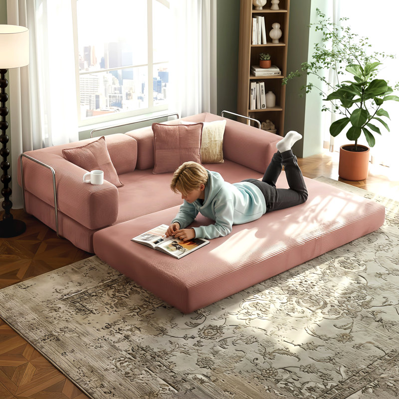 Canapé-lit double rembourré de 78,8 pouces, canapé-lit modulaire, 2 coussins décoratifs et canapé pliable, Rose