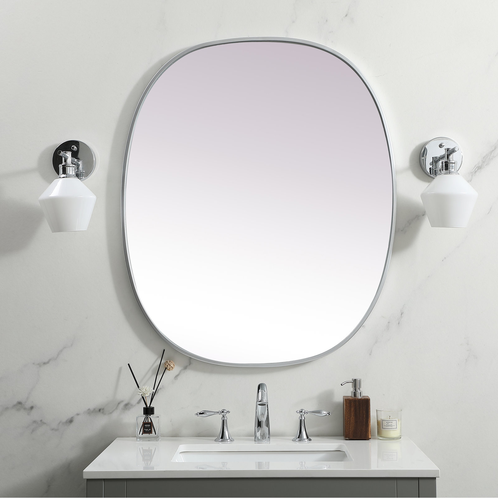 Sabine Metal Curved Oval Wall Mirror, Silver, 36" x 30"