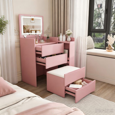 Coiffeuse 3 en 1 avec miroir rabattable, éclairage DEL réglable et plateau latéral coulissant, rose, avec tabouret – Bureau de rangement gain de place pour chambre