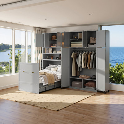 102.6" Modern All-in-One Murphy Bed Wall Bed Unit with Wardrobe & Integrated LED Shelving