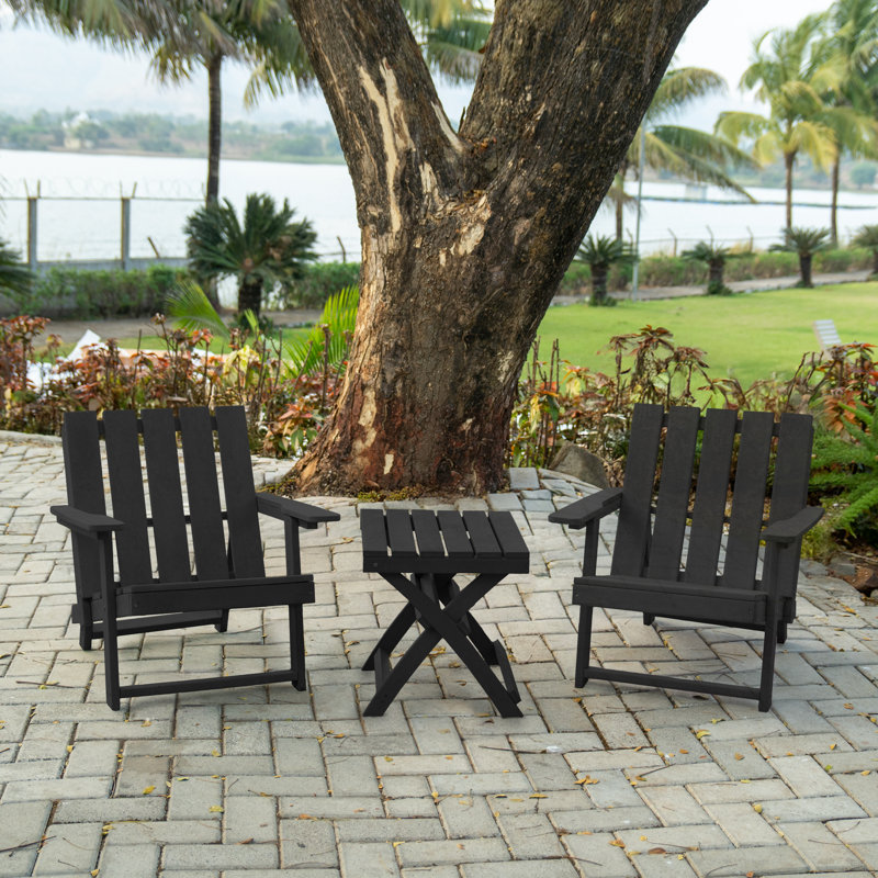 Shoreline Fully Assembled All-Weather Outdoor Folding Modern Adirondack Chair and Table Set, Black