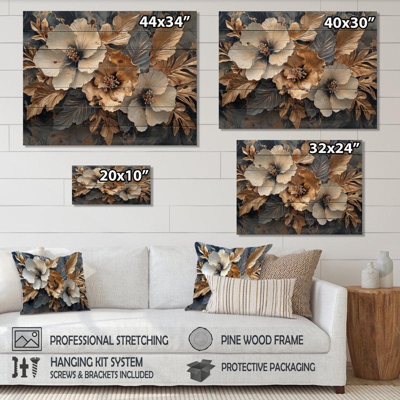 Hibiscus doré, art liquide Harmony II - art mural en bois d'hibiscus - sur bois de pin naturel, H 10 po x l 20 po