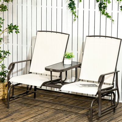Banc de balançoire de patio beige avec verre trempé et tissu maillé de table basse de cour arrière. Cadre en acier pour le jardin, porche. Weather-. 726 lb Capacité de charge totale. L 56,52 po x P 30,02 po x H 40 po