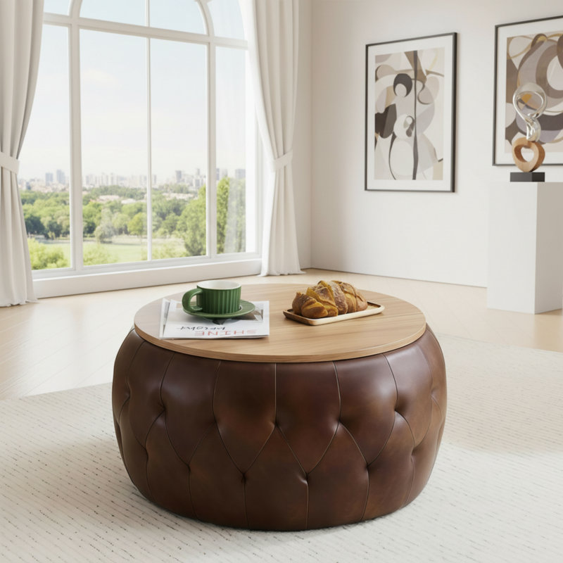 Grande table basse ronde avec repose-pieds (brun) avec plateau en bois et revêtement en similicuir.