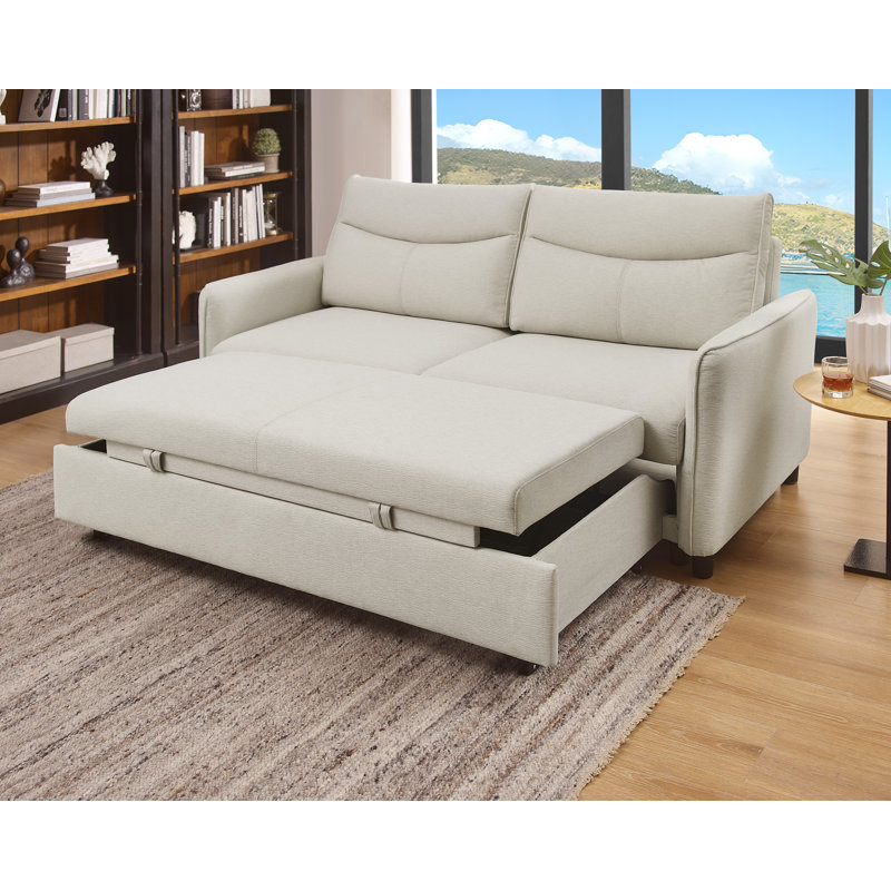 Firm round Arms Sleeper Sofa 3 in 1 Convertible Sleeper Sofa Bed with Pull Out Bed, Beige Fabric, 37.5" H x 74.5" W x 37.5" D