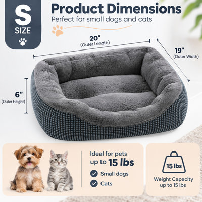 Plush Rectangular Bolster Pet Bed for Small Dogs and Cats, 20 Inch