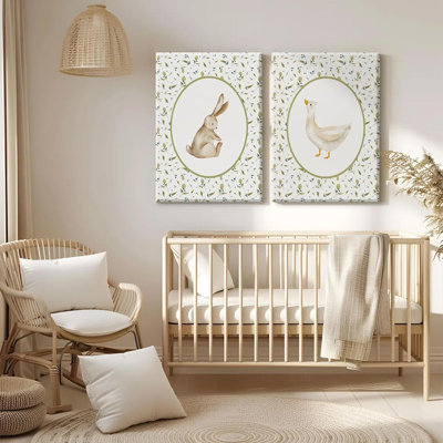 Vintage Nursery Wall Art Cute Goose Canvas Poster Bunny Wall Decor Baby Kids Poster Rabbit Duck Prints Cute Animal Pictures Pale Green Painting Artwork for Gallery Bedroom 12x16x2 Inch Ready to Hang