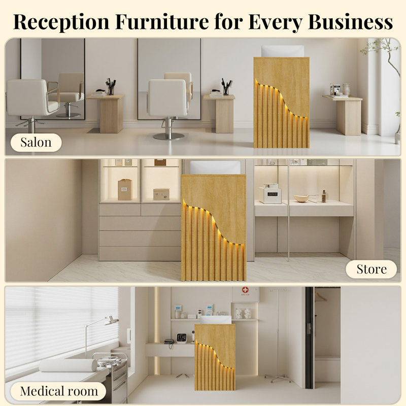 Bureau de réception moderne et compact avec éclairage DEL, Naturel, 37.8" H x 23.6" W x 15.7" D
