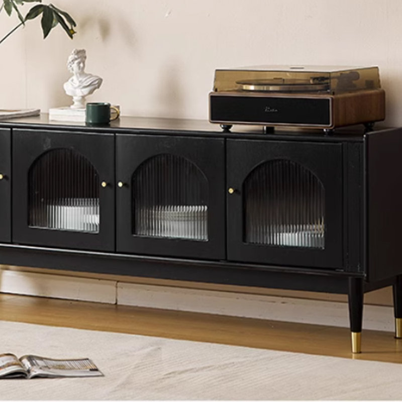 Meuble télé en bois massif au design simple, Noir, noir, noir, noir, 82.67"