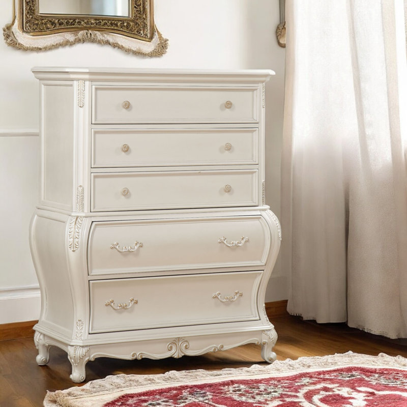Commode 5 tiroirs avec pieds Queen Anne Gadson, Blanc perle