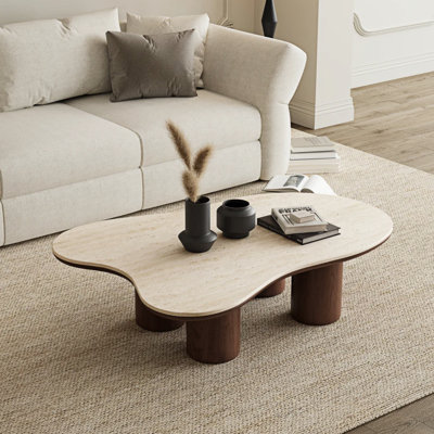 48“ Modern Wood Coffee Table, Beige Sintered Stone Top, Solid Wood Legs