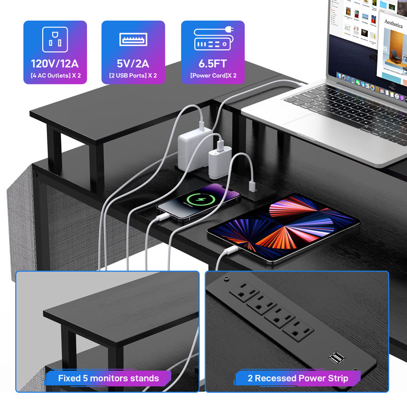 U Shaped Desk, Gaming Desk With Monitor Stand And LED Lights, Reversible Shaped Large Computer Desk With Power Outlets, Office Desk With Storage Bag And Hooks