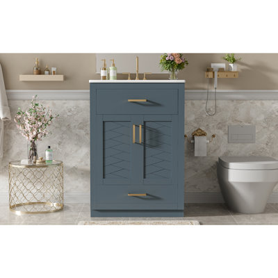 Meuble-lavabo 24 po avec lavabo en céramique intégré, armoire de salle de bain avec 2 portes, 1 tiroir basculant et meuble-lavabo simple pour salle de bain de petite et moyenne taille
