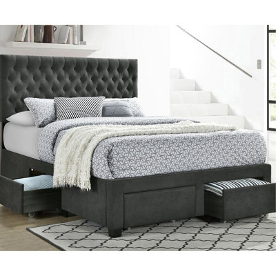 Upholstered Queen Bed With Storage, Grey Upholstery, Four Generous Drawers, Headboard, Rubberwood And Construction, Slat Kit, Modern Bedroom Style Sto