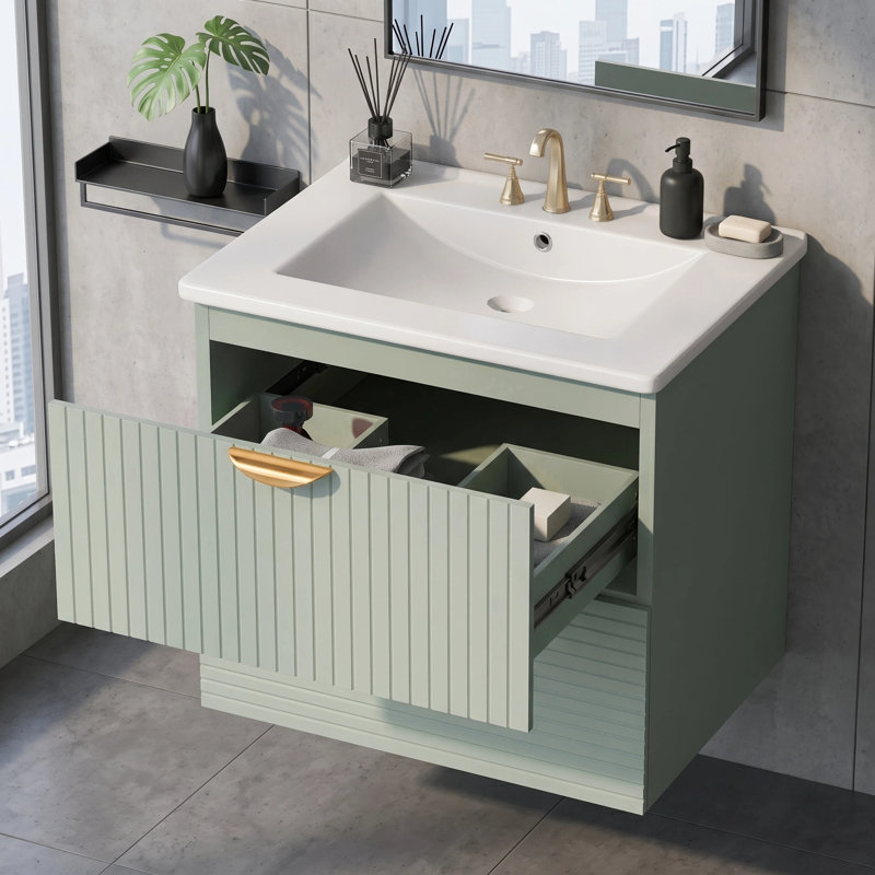 Ensemble de meuble-lavabo moderne à 2 tiroirs avec plateau en céramique, Vert
