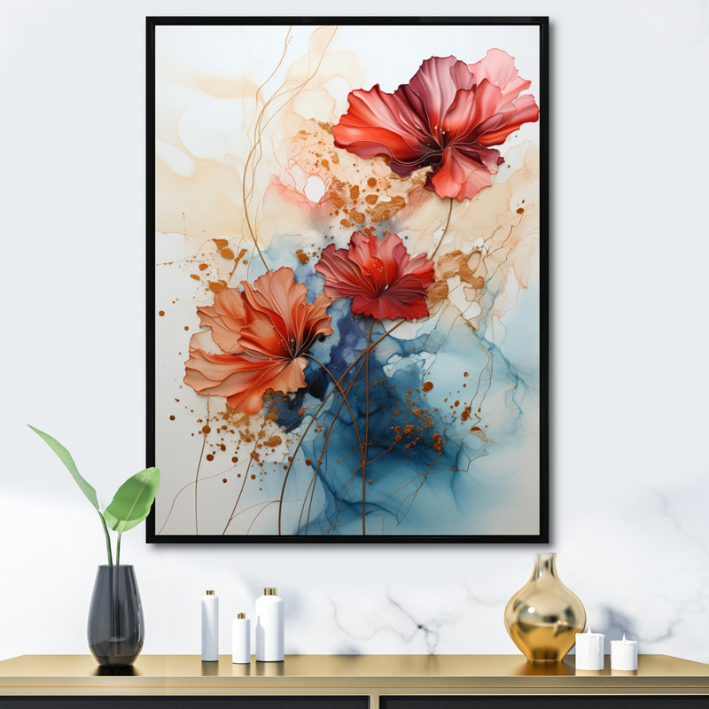 «Red Teal», art abstrait encadré de fractales, Cadre flottant noir, H 32 po x l 24 po x P 1 po