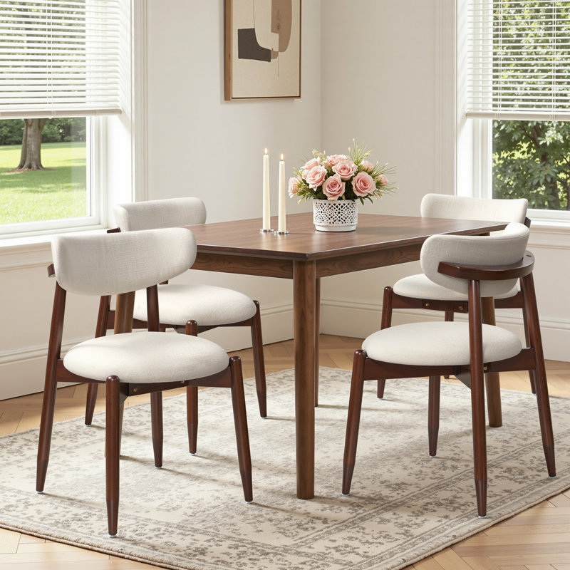 Chaises de salle à manger modernes rembourrées, structure en bois massif, dossier incurvé, pour la cuisine et la salle à manger, crème/brun (lot de 4)