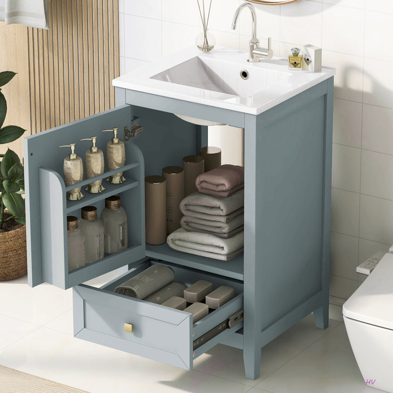 Meuble-lavabo de 20 po avec lavabo, armoire de salle de bain avec porte à fermeture douce, support de rangement et tiroir