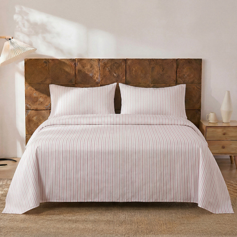 Classic Striped Sheet Set Queen Size, 100% Cotton Bedding Sheet 4 Pieces, Soft Breathable Percale Weave, Deep Pocket Sheet 17.5", Luxury Linen Like, Farmhouse Style