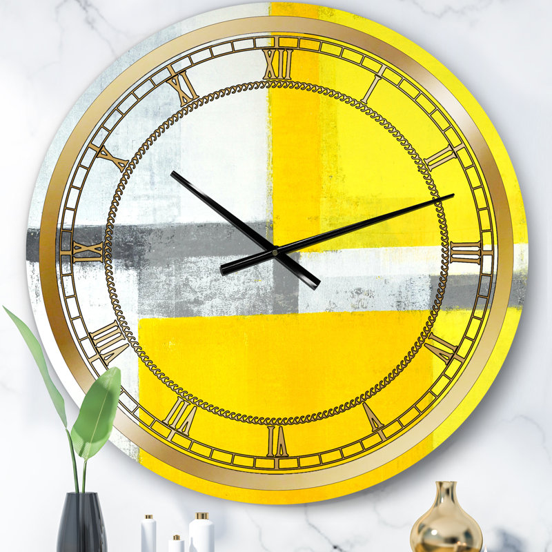 Gris et jaune bleu abstrait vii - horloge murale moderne, Petit