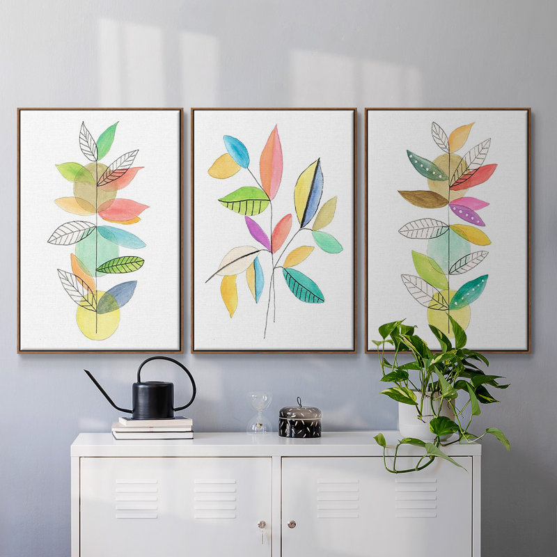 Moon Rising Leaves I, ensemble de 3 toiles encadrées sur toile, H 36 po x l 72 po, Noyer