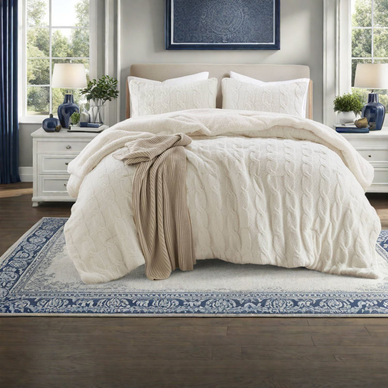 Ensembles de literie pour lit simple luxueux, édredon doux en chenille ivoire avec sherpa douillet