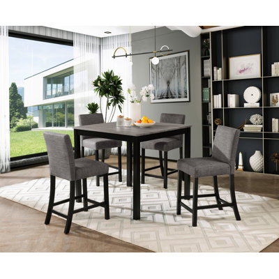 5-Piece Two-Tone Wooden Counter Height Dining Set With 4 Chairs In Light Grey & Black