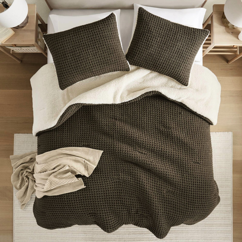 Édredon très grand en chenille tricoté gaufré - 100%, brun, comprend 2 taies décoratives, lavable à la machine, literie confortable en tissu