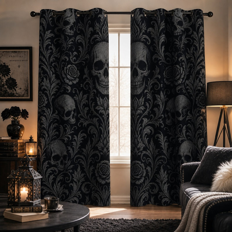 2 pièces crâne de damas bloquant les rideaux de style gothique pour chambre à coucher, 53*96inch*2pcs