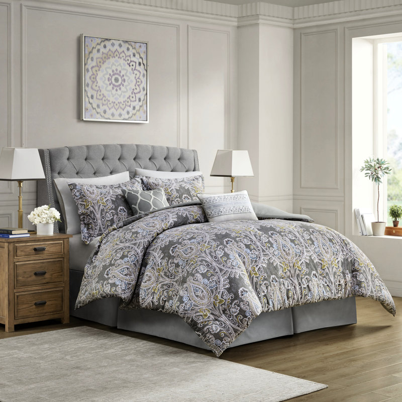Édredon gris très grand - 6 pièces avec literie assortie en coton pour détails brodés