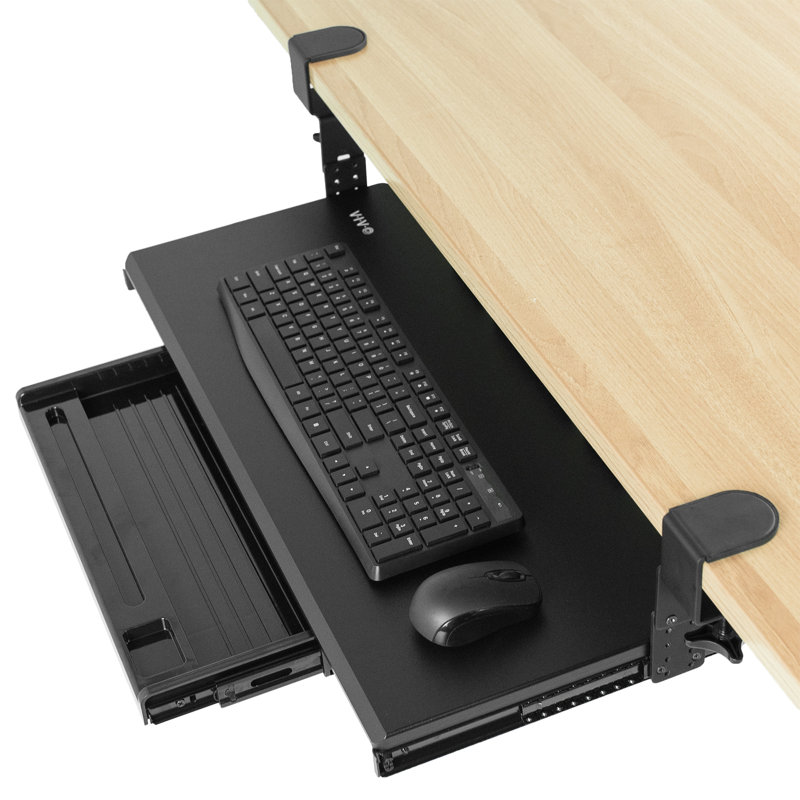 Black Adjustable Clamp-On Keyboard Tray with Pencil Drawer