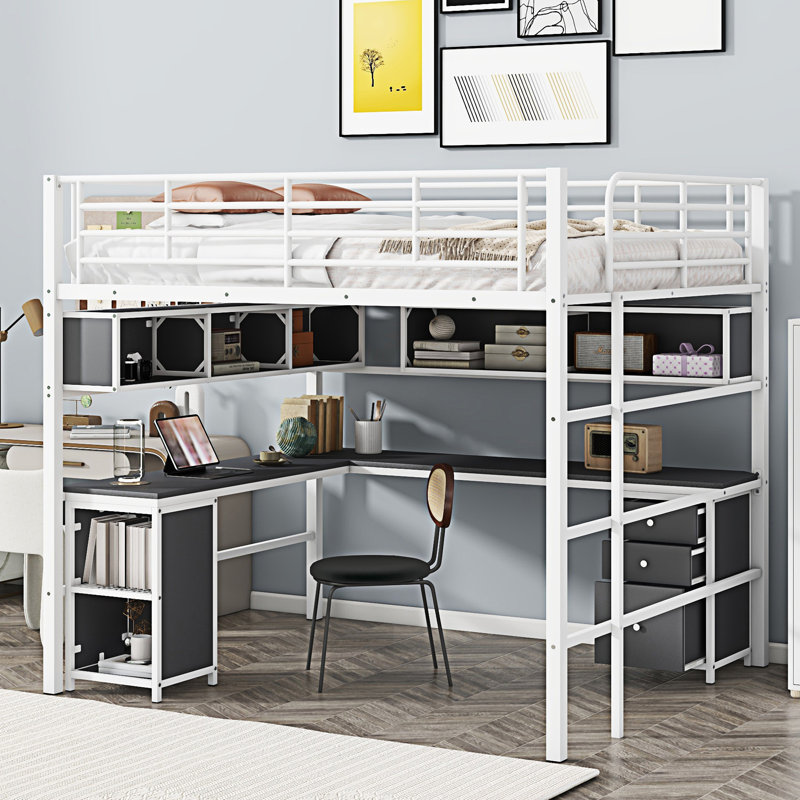 Metal Loft Bed With Bookcase, Black White