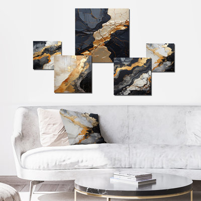 Minimalisme chrome or et orange poteries - ensemble d'art abstrait spirales abstraites de 6