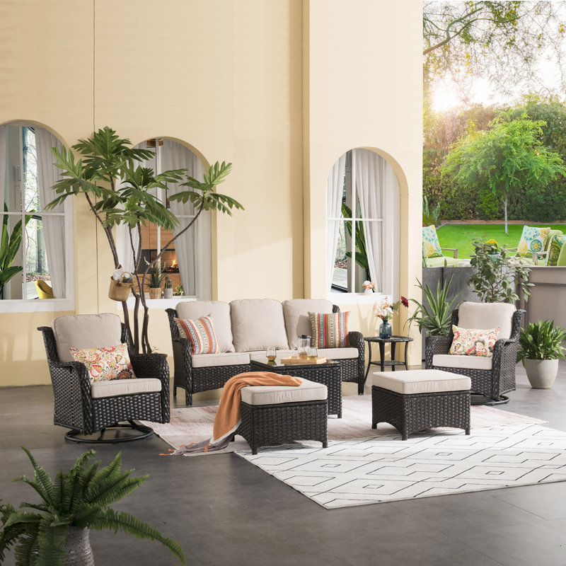 Wicker/Rattan 5 - Person Seating Group With Cushions, Beige, Brown