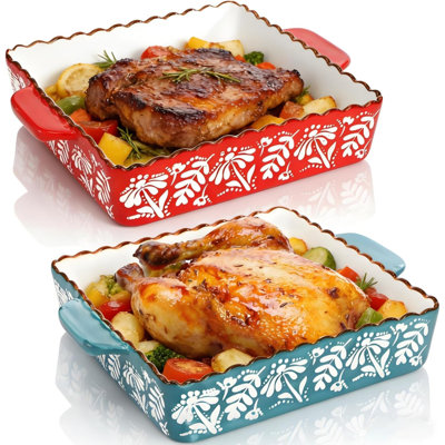 2 Pack 9x9 Inch Square Ceramic Baking Dishes with Double Handles, Porcelain Lasagna Pan Bakeware for Cooking, Roasting and Family Dinners