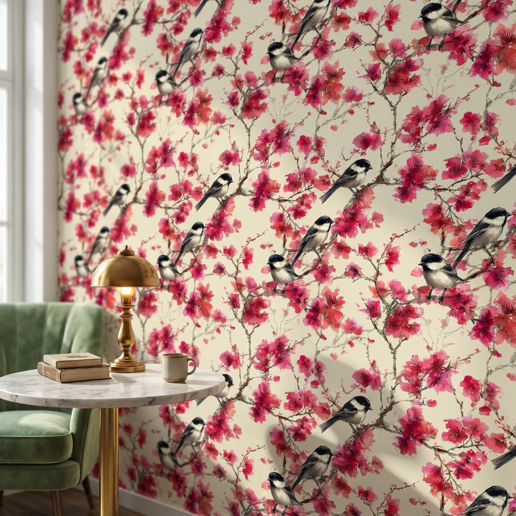 Lark Manor™ Floral Wallpaper Birds Removable Pink Wall Mural | Wayfair
